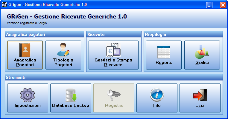 Schermata principale di GRiGen, il software per la gestione e la stampa delle ricevute generiche di pagamento